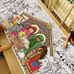 Póster o mantel gigante para colorear de la Natividad navideña / Mantel de papel para fiestas religiosas para iglesias o escuelas / 30" x 72" pulgadas
