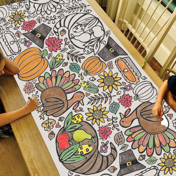 GIANT Thanksgiving Coloring Poster or Table Cover | Paper Turkey Tablecloth for School Parties | Fall Party Decorations | 30" x 72" inches