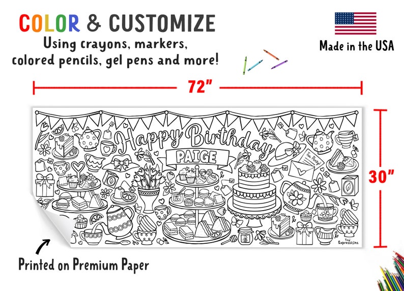 Let's Partea Color Pages GIANT Tea Party Coloring Poster or Tablecloth | Personalized Let's ...