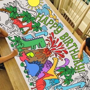 Póster gigante para colorear de cumpleaños de dinosaurios / Mantel de papel de dinosaurios para fiestas de cumpleaños / Decoraciones para fiestas de dinosaurios / 30" x 72" pulgadas