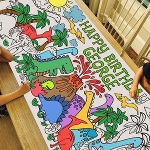 GIANT Personalized Dinosaur Birthday Coloring Poster or Table Cover | Custom Dino Paper Birthday Tablecloth for Parties |  30" x 72" inches