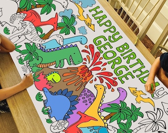 GIANT Personalized Dinosaur Birthday Coloring Poster or Table Cover | Custom Dino Paper Birthday Tablecloth for Parties |  30" x 72" inches