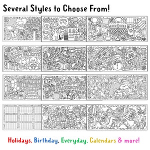 May include: Black and white coloring pages featuring various holiday themes, including Valentine's Day, Thanksgiving, Hanukkah, Christmas, and birthdays. The pages also include a blank calendar page and a page with a unicorn and rainbow theme.