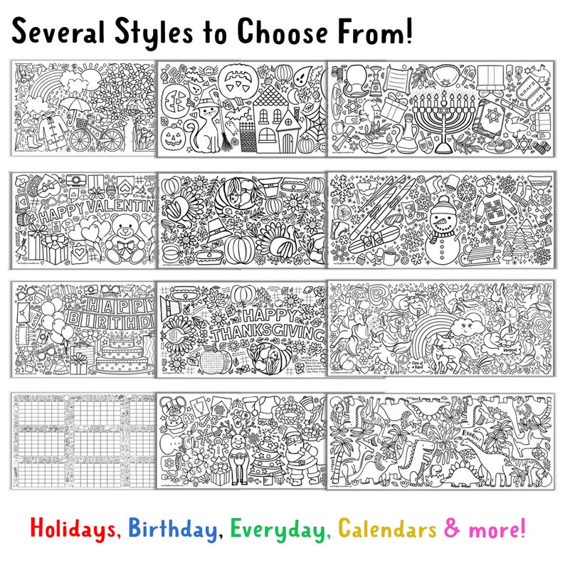 May include: Black and white coloring pages featuring various holiday themes, including Valentine's Day, Thanksgiving, Hanukkah, Christmas, and birthdays. The pages also include a blank calendar page and a page with a unicorn and rainbow theme.