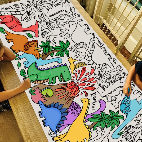 GIANT Dinosaur Coloring Poster or Table Cover | Paper Coloring Tablecloth for Birthday Parties | Kids Coloring Activity | 30" x 72" inches