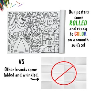Puede incluir: Un p&oacute;ster para colorear en blanco y negro con una princesa, un castillo y otras ilustraciones con tem&aacute;tica de fiesta de cumplea&ntilde;os. El texto "BIRTHDAY PRINCESS" y "BIRTHDAY AD" est&aacute; incluido. El p&oacute;ster est&aacute; enrollado y listo para colorear. El texto "&iexcl;Nuestros p&oacute;sters vienen ENROLLADOS y listos para COLOREAR en una superficie lisa!" est&aacute; incluido. El texto "VS" est&aacute; incluido. El texto "Otras marcas vienen dobladas y arrugadas." est&aacute; incluido. Un c&iacute;rculo rojo con una l&iacute;nea diagonal que lo atraviesa est&aacute; incluido.