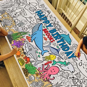 GIANT Under the Sea Coloring Poster or Tablecloth | Personalized Sea Creature Paper Banner for Birthday | Ocean Party Decor | 30&quot; x 72&quot;