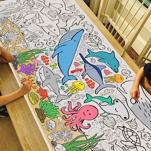 GIANT Under the Sea Coloring Poster or Table Cover | Paper Sea Creatures Tablecloth for Birthdays | Ocean Party Decor | 30" x 72" inches