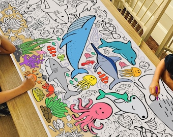 GIANT Under the Sea Coloring Poster or Table Cover | Paper Sea Creatures Tablecloth for Birthdays | Ocean Party Decor | 30" x 72" inches