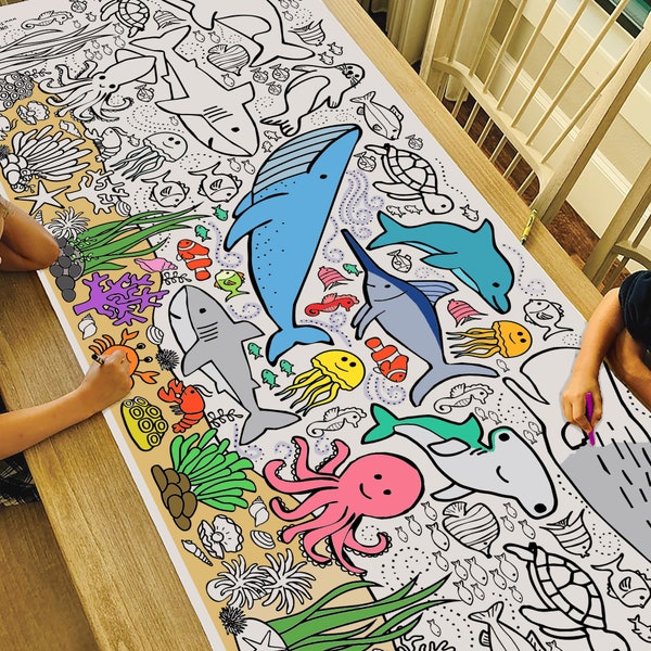 GIANT Under the Sea Coloring Poster or Table Cover | Paper Sea Creatures Tablecloth for Birthdays | Ocean Party Decor | 30" x 72" inches