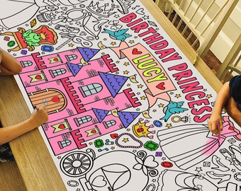 GIANT Personalized Princess Birthday Coloring Poster or Table Cover | Custom Princess Paper Birthday Tablecloth for Party |  30" x 72"