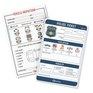 May include: Two white cards with text and illustrations. One is a vehicle inspection form, the other a police ticket. The inspection form has sections for vehicle checks. The police ticket has sections for violations and penalties.