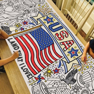 GIANT USA Patriotic Coloring Poster or Table Cover | Paper Independence Day Tablecloth for Parties | Patriotic Poster | 30" x 72" inches
