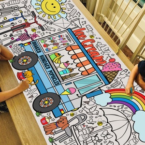 GIANT Ice Cream Truck Coloring Poster or Table Cover | Paper Ice Cream Tablecloth for Birthday Parties | Party Decorations | 30"x72" inches