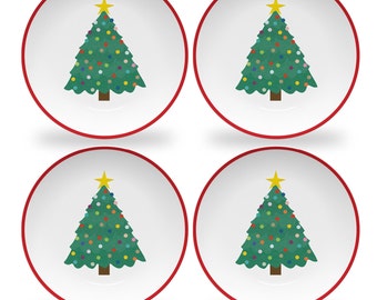 Quick Ship Holiday Plate Set for Children | Set of 4 Melamine Dishes for Kids | Christmas Tree Plates for Toddlers | BPA Free Plates