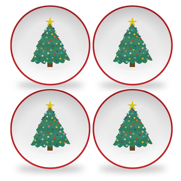 Quick Ship Holiday Plate Set for Children | Set of 4 Melamine Dishes for Kids | Christmas Tree Plates for Toddlers | BPA Free Plates