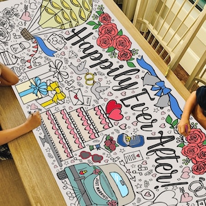 GIANT Wedding Coloring Poster or Table Cover | Paper Happily Ever After Tablecloth | Bridal Shower Decorations | 30" x 72" inches