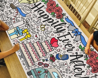 GIANT Wedding Coloring Poster or Table Cover | Paper Happily Ever After Tablecloth | Bridal Shower Decorations | 30" x 72" inches