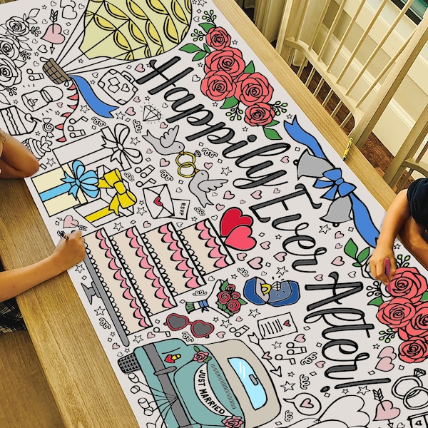 GIANT Wedding Coloring Poster or Table Cover | Paper Happily Ever After Tablecloth | Bridal Shower Decorations | 30" x 72" inches