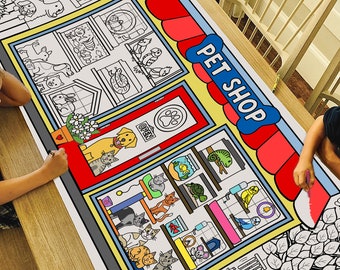 GIANT Pet Shop Coloring Poster or Table Cover | Paper Pet Shop Tablecloth for Birthday Parties | Cat and Dog Party Decor | 30" x 72" inches