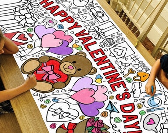 GIANT Valentine's Day Coloring Poster or Table Cover | Paper Valentine Tablecloth for School Parties | 30" x 72" inches