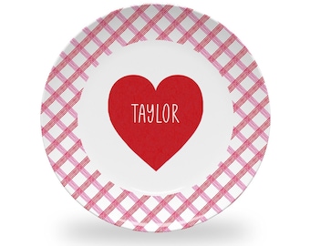 Personalized Checkered Valentine's Plate for Kids | Valentine's Day Children's Table Decorations | Cute Heart Plate for Kids | BPA Free