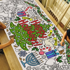 GIANT Happy Holidays Coloring Poster or Table Cover | Paper Holiday Tablecloth for School Parties | Winter Party Decorations | 30&quot; x 72&quot;