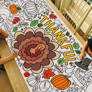 GIANT Thankful Coloring Poster or Table Cover | Paper Thanksgiving Tablecloth for School Parties | Fall Party Decorations | 30" x 72" inches