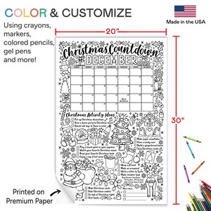 May include: A black and white printable Christmas countdown calendar with a December 2025 calendar and a list of Christmas activities to do each day. The calendar is 20 inches wide and 30 inches tall.