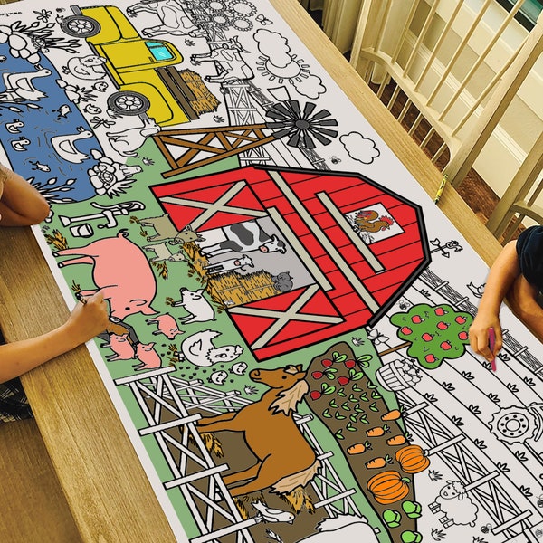 GIANT Farm Animals Coloring Poster or Table Cover | Paper Tablecloth for Farm Themed Birthday Party | Party Decorations | 30" x 72" inches