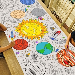 May include: A large white paper coloring sheet featuring a space theme with a bright yellow sun, colorful planets like Earth, Mars, and Venus, rockets, space shuttles, and constellations. The text includes labels for planets and telescopes.
