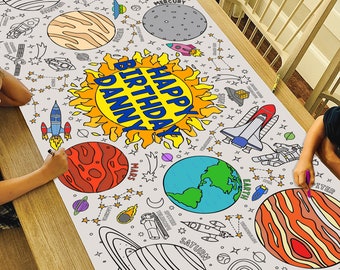 GIANT Personalized Outer Space Birthday Coloring Poster or Table Cover | Custom Space Birthday Tablecloth for Parties |  30" x 72" inches