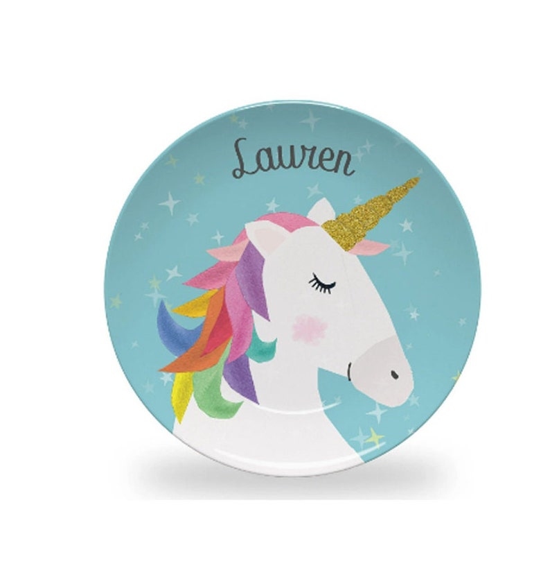 Personalized Unicorn Plate for Girls Cute Toddler Unicorn Plate for Kids Monogrammed with Name BPA Free Unicorn Gift image 1