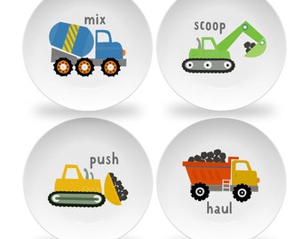 Quick Ship Construction Truck Plate Set for Children | Set of 4 Melamine Plates for Kids | Construction Vehicle Plates | BPA Free Plates