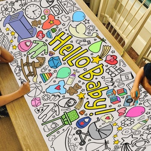 GIANT Hello Baby Coloring Poster or Table Cover | Paper Tablecloth for Baby Shower | Welcome Home Baby Banner | 30" x 72" inches