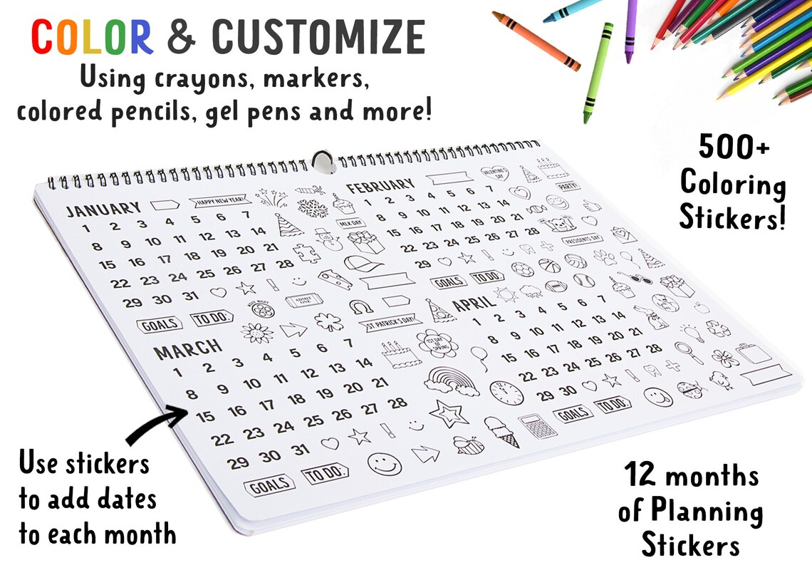 Kids Coloring Calendar 12 Months 11 X 17 Etsy