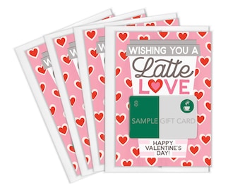 Valentine Coffee Gift Card Holders (4 Pack) | Valentine's Day Set of 4 with White Envelopes | Latte Themed 5"x7" Gift for Teachers, Nurses