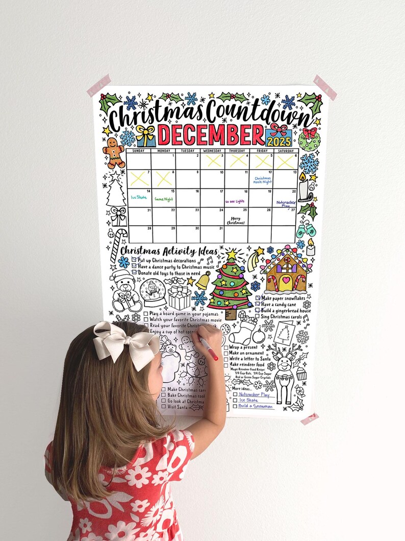 May include: A printable Christmas countdown calendar for December 2025 with a festive design. The calendar features a gingerbread house, a Christmas tree, and other holiday icons. The calendar includes a list of Christmas activities to do each day, such as decorating, baking, and watching Christmas movies.