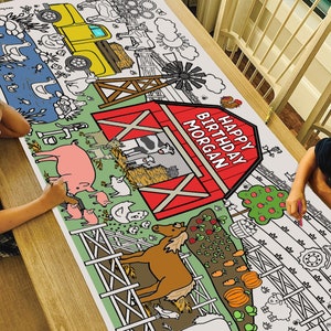 GIANT Personalized Farm Animals Birthday Coloring Poster or Table Cover | Custom Farm Paper Bday Tablecloth for Party |  30" x 72" inches