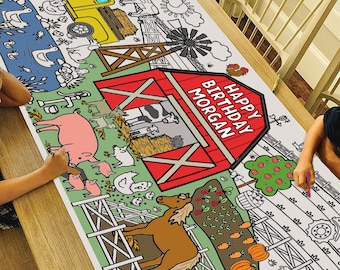 GIANT Personalized Farm Animals Birthday Coloring Poster or Table Cover | Custom Farm Paper Bday Tablecloth for Party |  30" x 72" inches