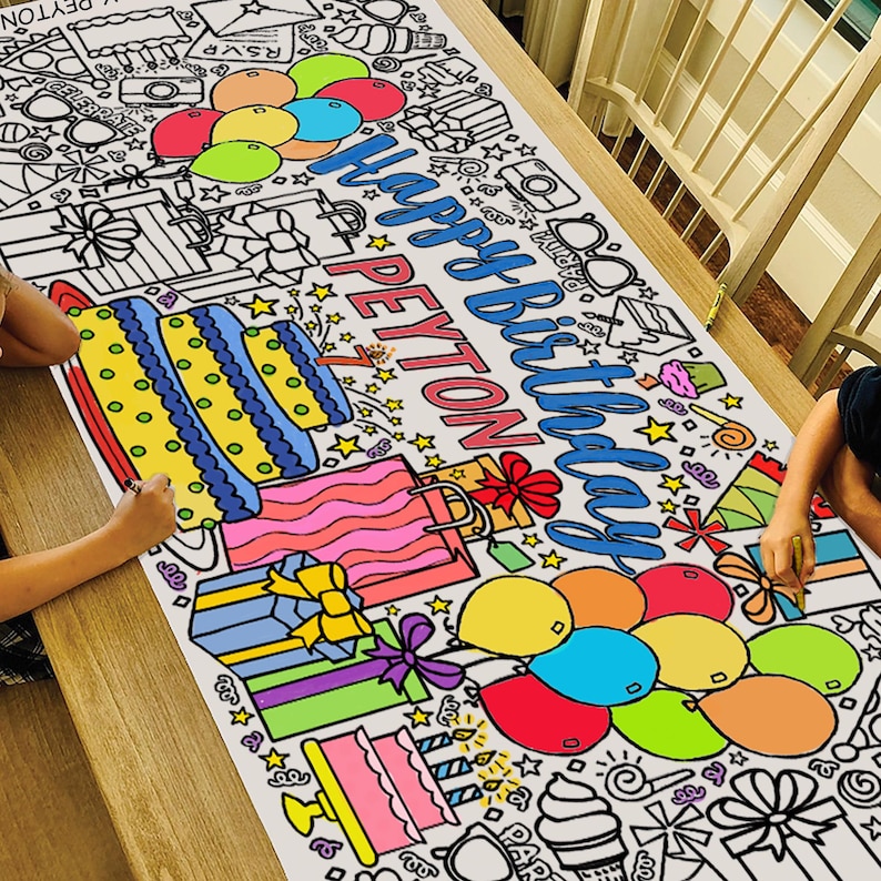 May include: A white coloring banner with the words "Happy Birthday Peyton" in colorful letters. The banner is decorated with colorful drawings of presents, balloons, cake, and fireworks.