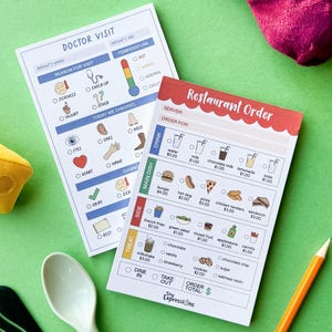 May include: Two printable checklists, one for a doctor visit and one for a restaurant order. The doctor visit checklist has checkboxes for reasons for the visit, body parts to check, and temperature. The restaurant order checklist has checkboxes for food and drink items with prices listed.