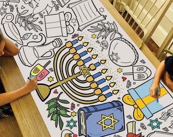 May include: A large coloring page featuring a menorah with nine candles, a Star of David, a dreidel, a Torah scroll, and other Hanukkah symbols. The page is printed on white paper and is ready to be colored.