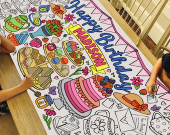 May include: A large white coloring banner with a tea party theme. The banner features a pink and white cake, teacups, teapots, sandwiches, and flowers. The banner also includes the text "Happy Birthday Madison".