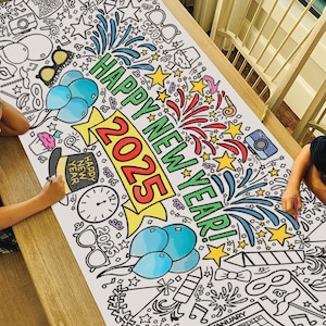 GIANT New Years 2025 Coloring Poster or Table Cover | Paper Tablecloth for NYE Kids Parties | Winter Party Decorations | 30" x 72" inches