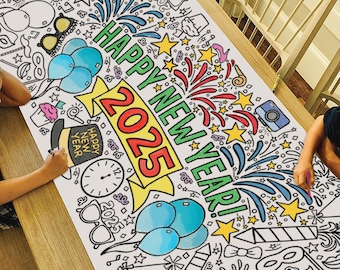 GIANT New Years 2025 Coloring Poster or Table Cover | Paper Tablecloth for NYE Kids Parties | Winter Party Decorations | 30" x 72" inches