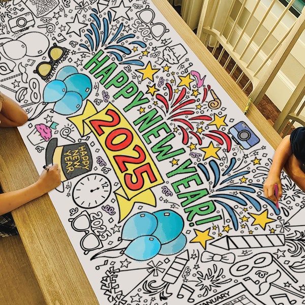 GIANT New Years 2025 Coloring Poster or Table Cover | Paper Tablecloth for NYE Kids Parties | Winter Party Decorations | 30" x 72" inches