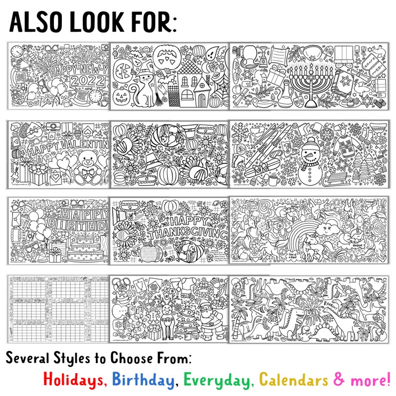 May include: Black and white illustrations of various holidays, including New Year's, Valentine's Day, birthdays, Thanksgiving, Hanukkah, Christmas, and more. The illustrations are in a doodle style and include text such as "Happy New Year 2022", "Happy Valentine", "Happy Birthday", and "Happy Thanksgiving".