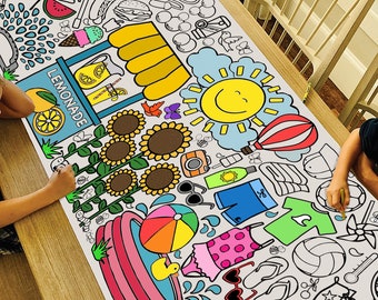 Póster para colorear de verano GIGANTE o cubierta de mesa / Mantel de verano de papel para fiestas escolares / Decoraciones de fiestas de verano / 30" x 72" pulgadas