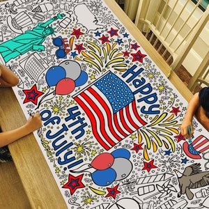 May include: A large, white coloring sheet with a patriotic theme, featuring an American flag, fireworks, balloons, and the text "Happy 4th of July!". The Statue of Liberty and other Independence Day symbols are also included.
